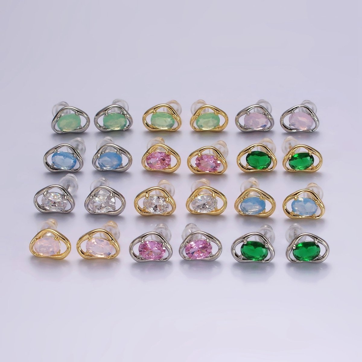 14K Gold Filled Clear, Pink, Blue, Green Oval CZ Open Abstract Bezel Stud Earrings in Gold & Silver | V330 - V341