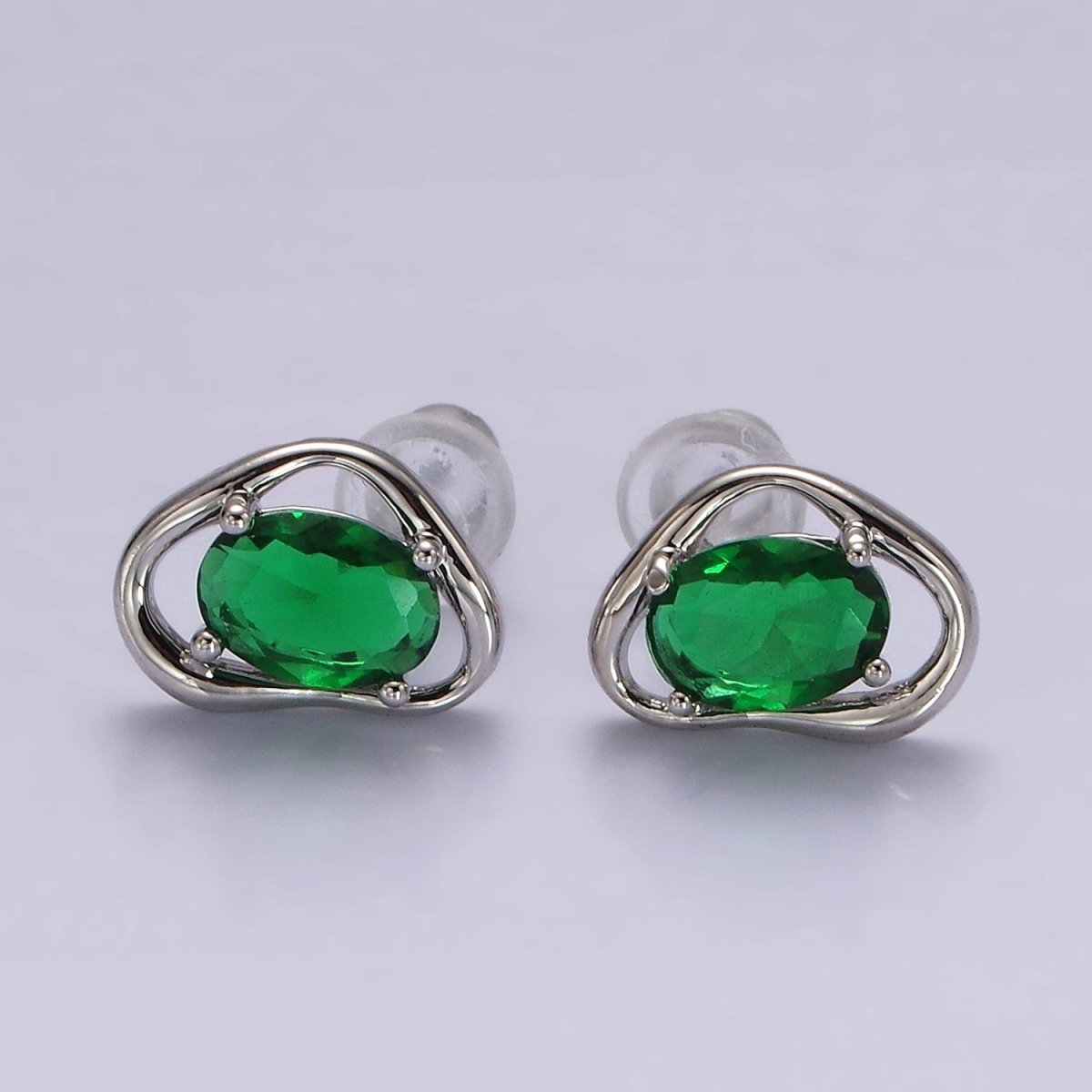 14K Gold Filled Clear, Pink, Blue, Green Oval CZ Open Abstract Bezel Stud Earrings in Gold & Silver | V330 - V341