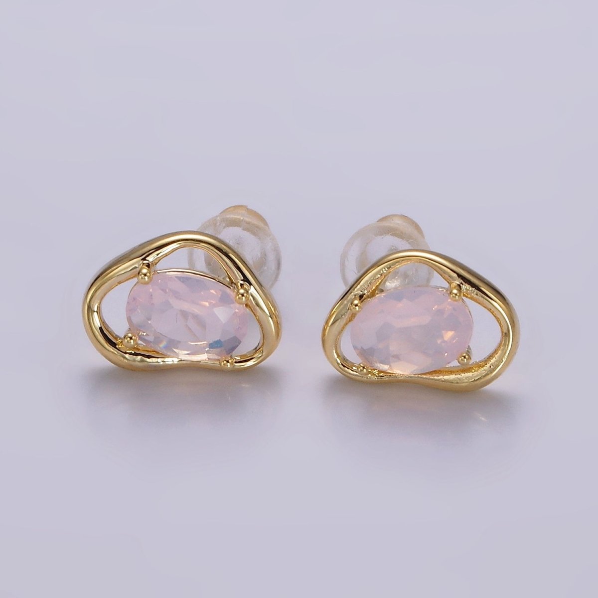 14K Gold Filled Clear, Pink, Blue, Green Oval CZ Open Abstract Bezel Stud Earrings in Gold & Silver | V330 - V341