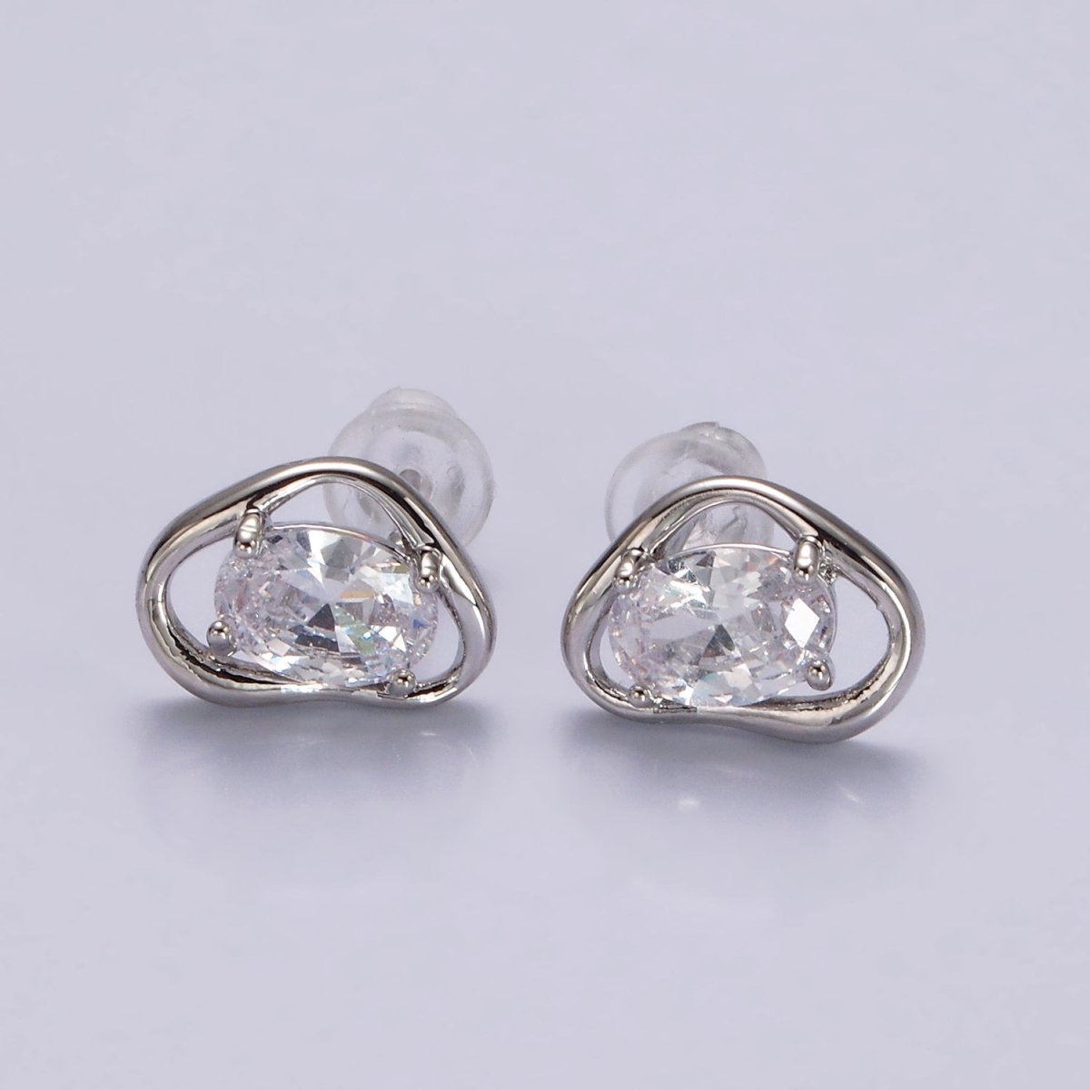 14K Gold Filled Clear, Pink, Blue, Green Oval CZ Open Abstract Bezel Stud Earrings in Gold & Silver | V330 - V341