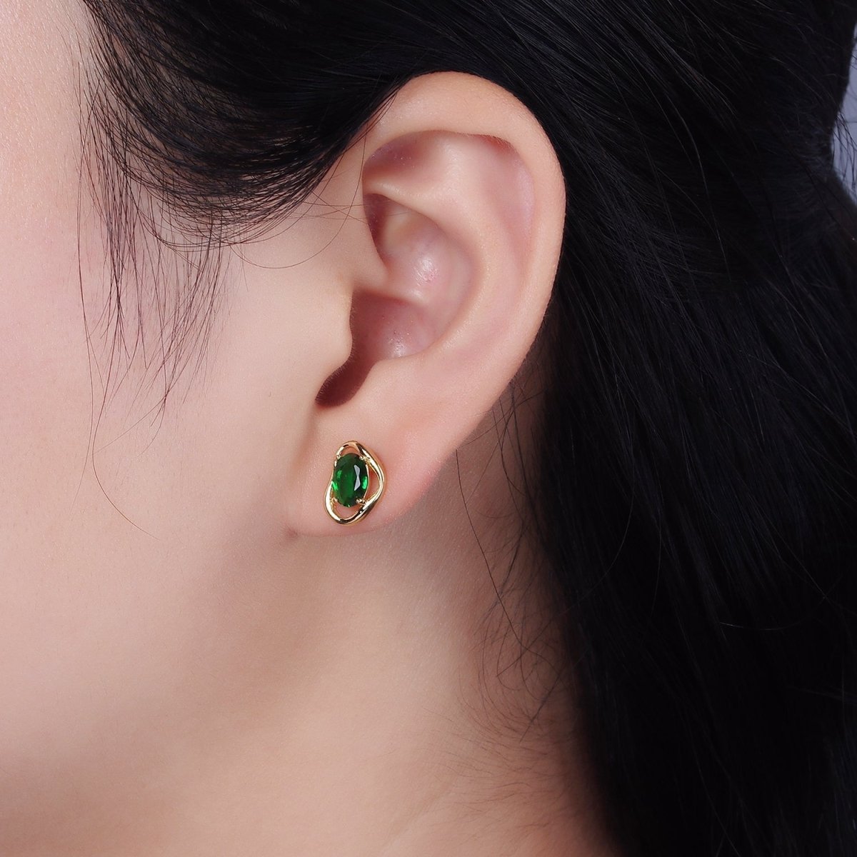 14K Gold Filled Clear, Pink, Blue, Green Oval CZ Open Abstract Bezel Stud Earrings in Gold & Silver | V330 - V341