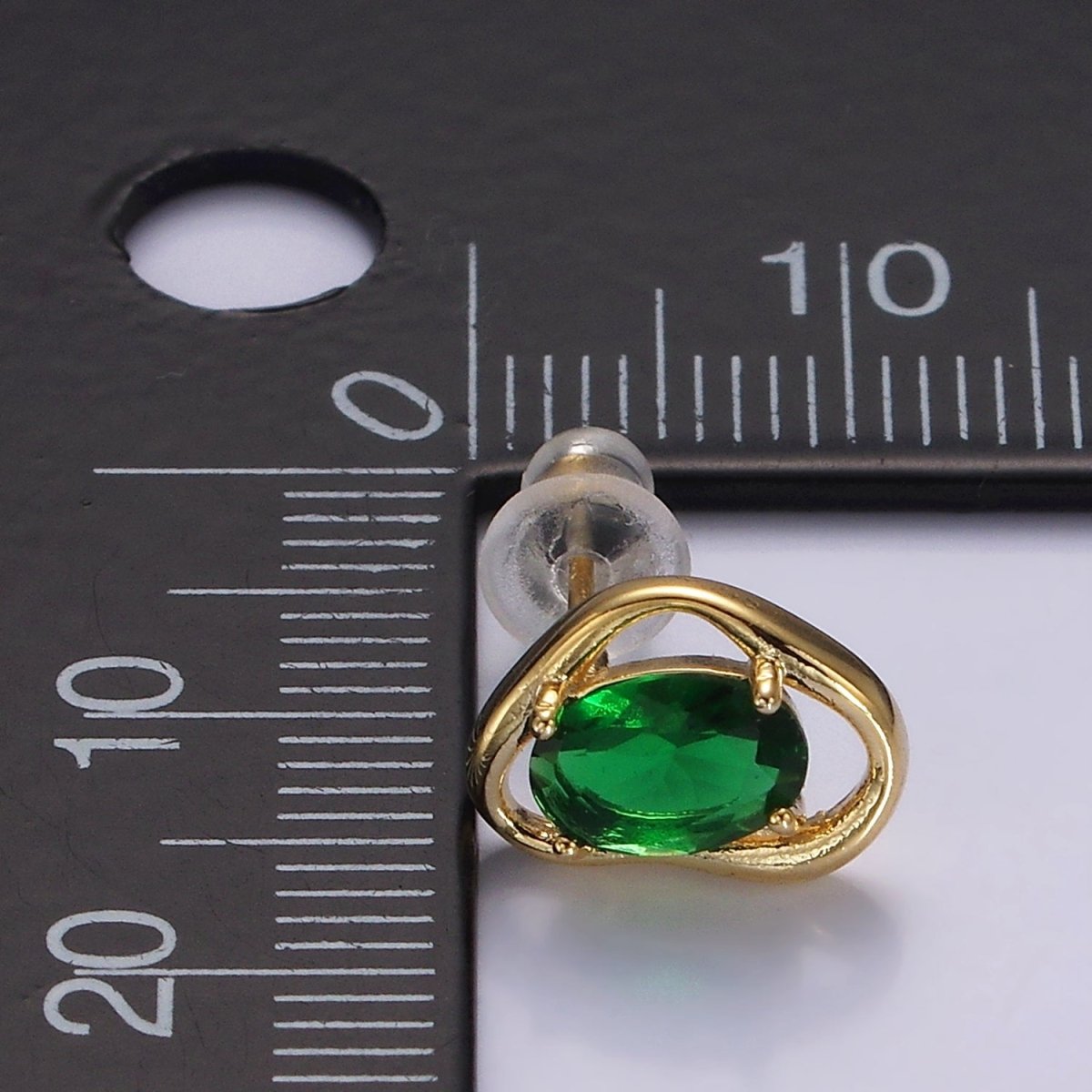 14K Gold Filled Clear, Pink, Blue, Green Oval CZ Open Abstract Bezel Stud Earrings in Gold & Silver | V330 - V341