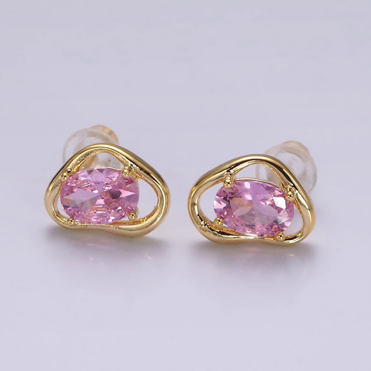 14K Gold Filled Clear, Pink, Blue, Green Oval CZ Open Abstract Bezel Stud Earrings in Gold & Silver | V330 - V341