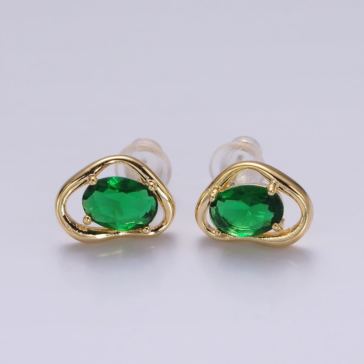 14K Gold Filled Clear, Pink, Blue, Green Oval CZ Open Abstract Bezel Stud Earrings in Gold & Silver | V330 - V341