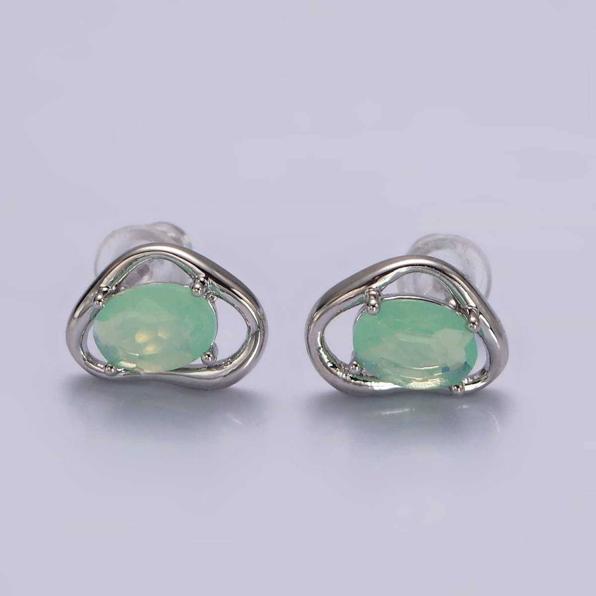 14K Gold Filled Clear, Pink, Blue, Green Oval CZ Open Abstract Bezel Stud Earrings in Gold & Silver | V330 - V341