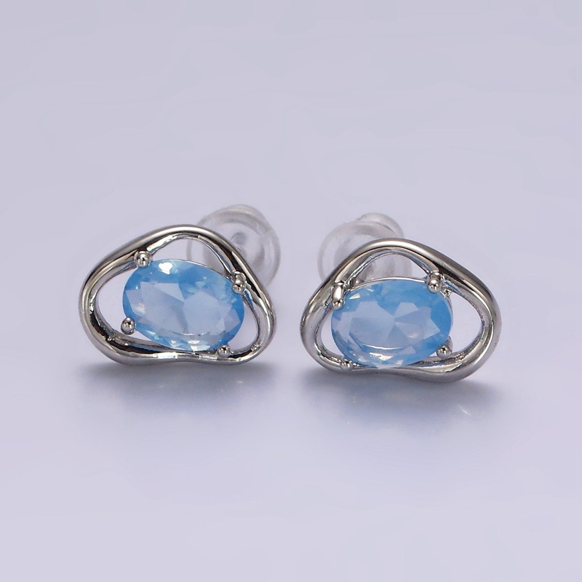 14K Gold Filled Clear, Pink, Blue, Green Oval CZ Open Abstract Bezel Stud Earrings in Gold & Silver | V330 - V341