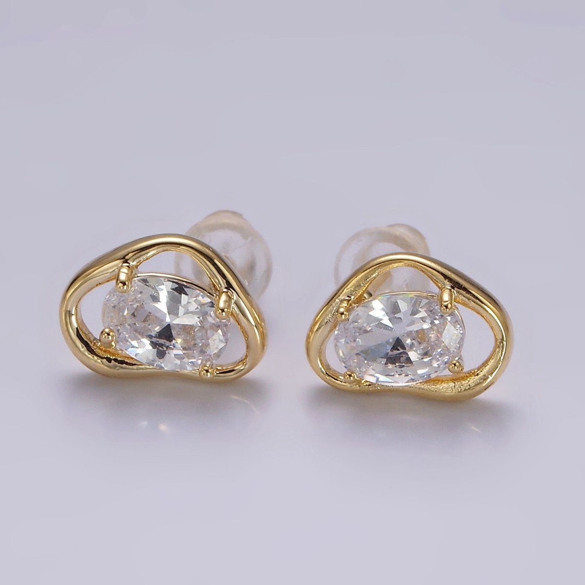 14K Gold Filled Clear, Pink, Blue, Green Oval CZ Open Abstract Bezel Stud Earrings in Gold & Silver | V330 - V341