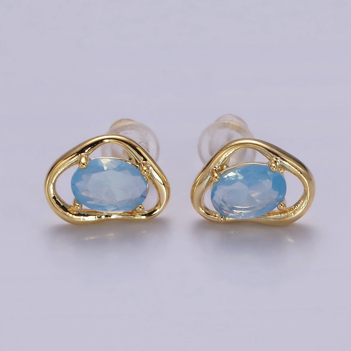 14K Gold Filled Clear, Pink, Blue, Green Oval CZ Open Abstract Bezel Stud Earrings in Gold & Silver | V330 - V341