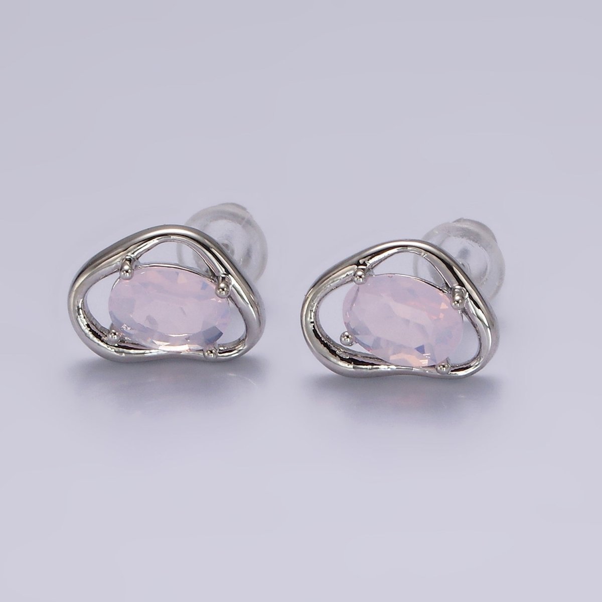 14K Gold Filled Clear, Pink, Blue, Green Oval CZ Open Abstract Bezel Stud Earrings in Gold & Silver | V330 - V341