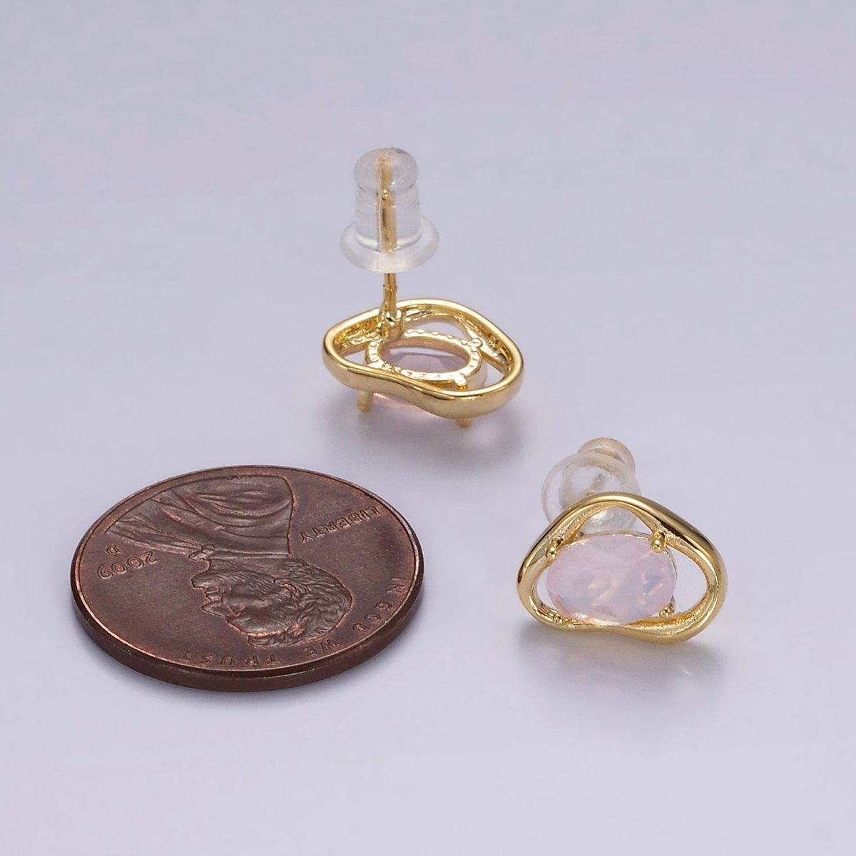 14K Gold Filled Clear, Pink, Blue, Green Oval CZ Open Abstract Bezel Stud Earrings in Gold & Silver | V330 - V341