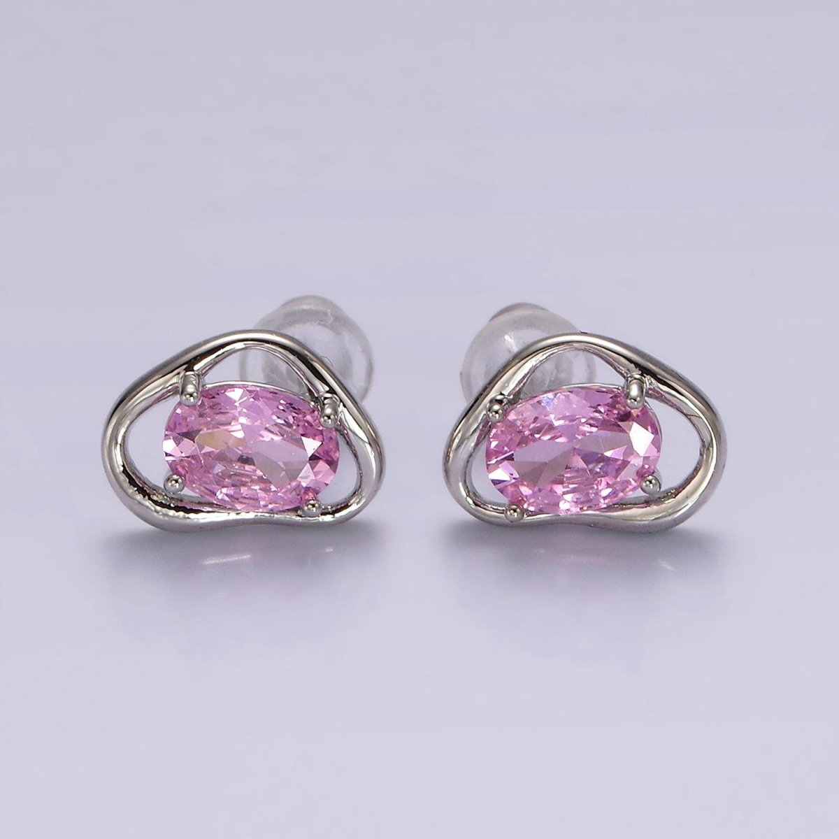 14K Gold Filled Clear, Pink, Blue, Green Oval CZ Open Abstract Bezel Stud Earrings in Gold & Silver | V330 - V341