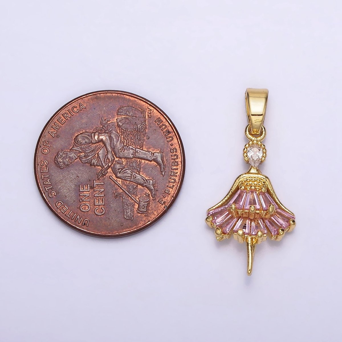 14K Gold Filled Clear, Pink CZ Baguette Dress Ballerina Pendant | AA717 AA718