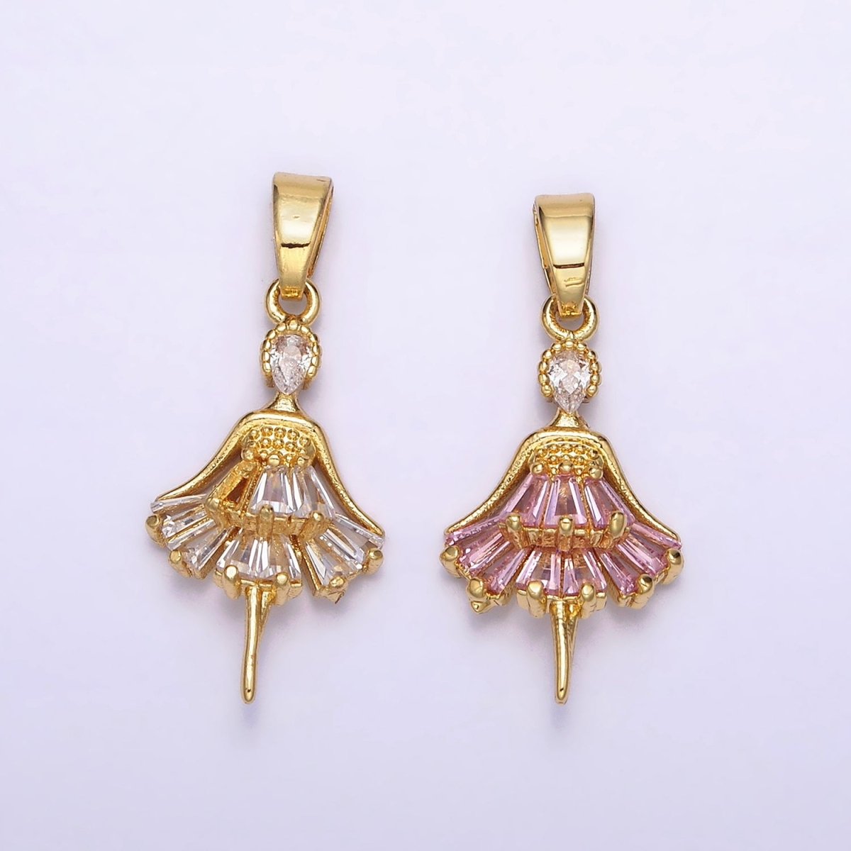 14K Gold Filled Clear, Pink CZ Baguette Dress Ballerina Pendant | AA717 AA718