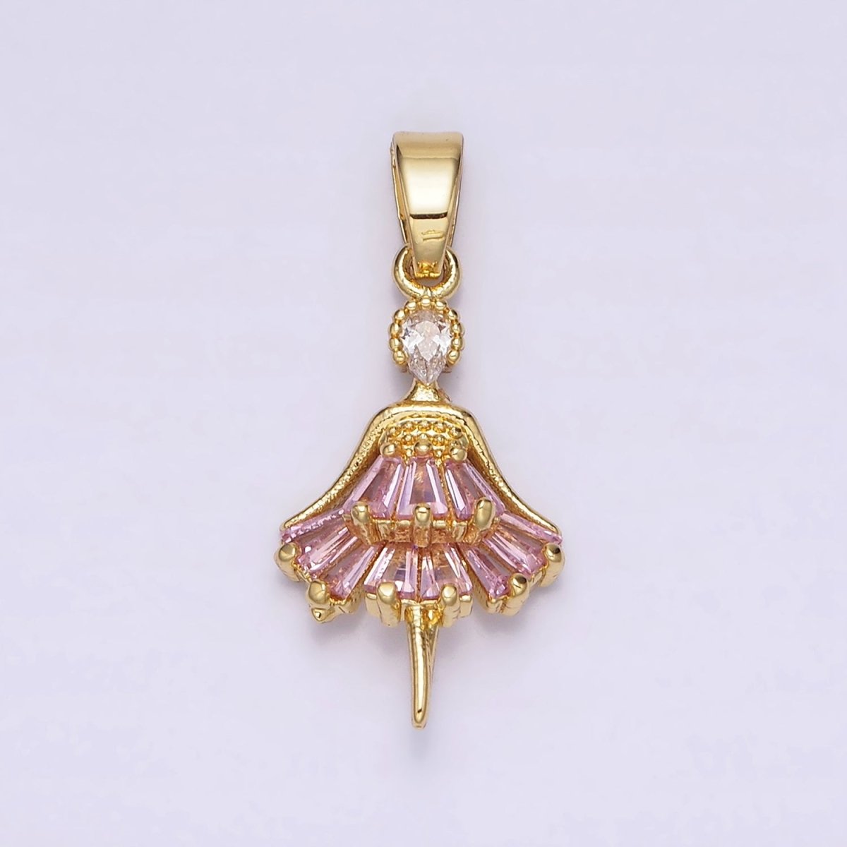 14K Gold Filled Clear, Pink CZ Baguette Dress Ballerina Pendant | AA717 AA718
