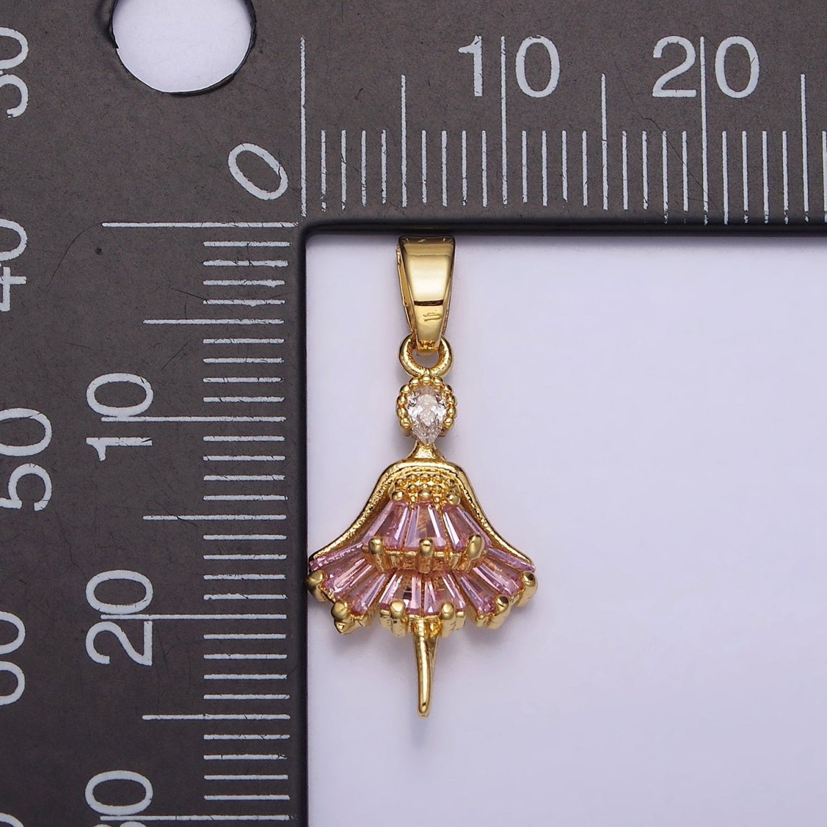 14K Gold Filled Clear, Pink CZ Baguette Dress Ballerina Pendant | AA717 AA718