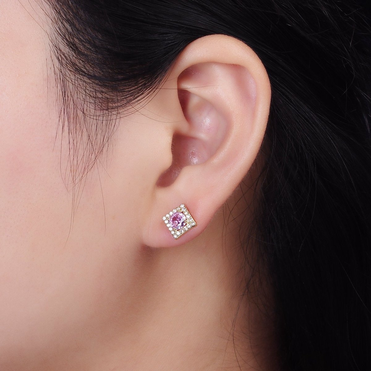 14K Gold Filled Clear, Pink CZ Micro Paved Square Stud Earrings | V273 V274
