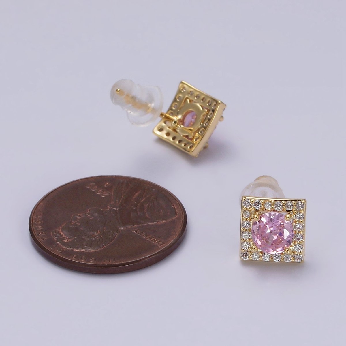 14K Gold Filled Clear, Pink CZ Micro Paved Square Stud Earrings | V273 V274