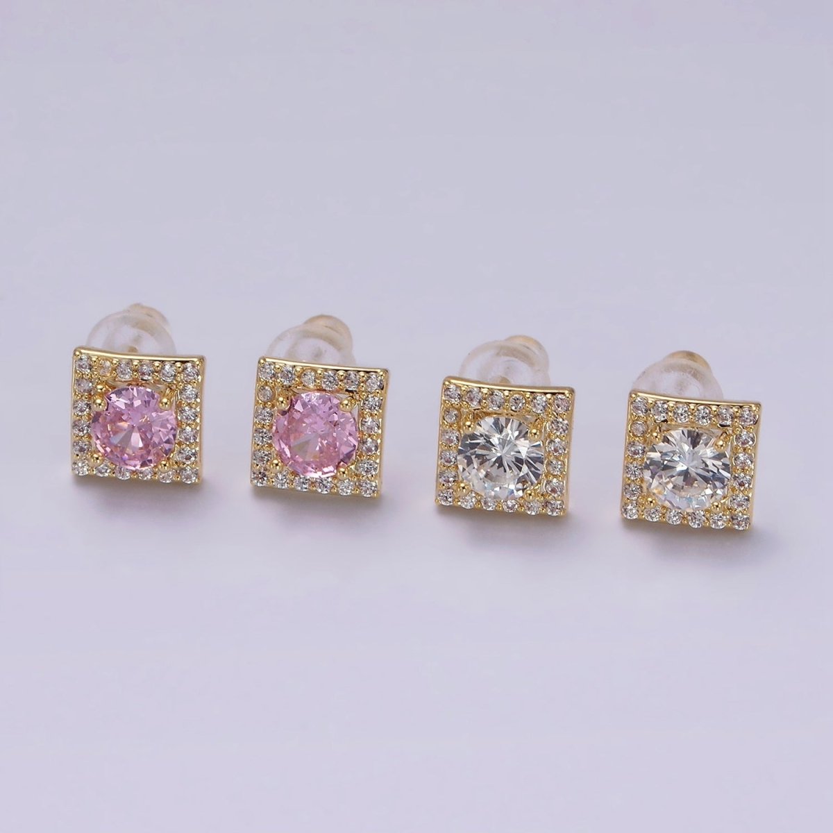 14K Gold Filled Clear, Pink CZ Micro Paved Square Stud Earrings | V273 V274