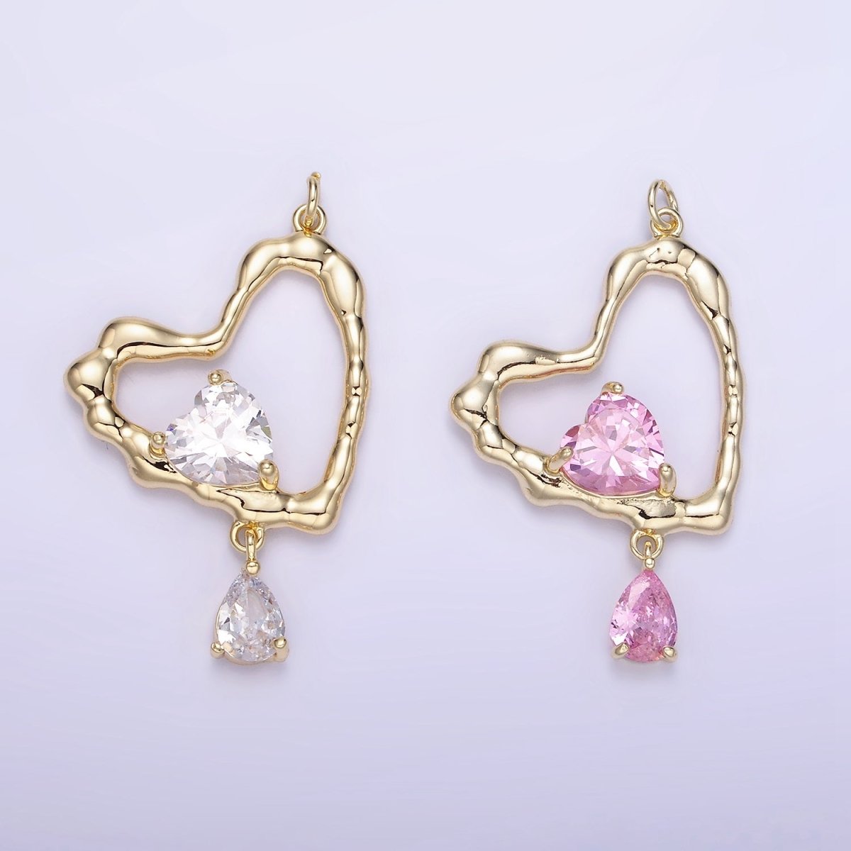 14K Gold Filled Clear, Pink CZ Open Heart Teardrop Drop Charm | AG712