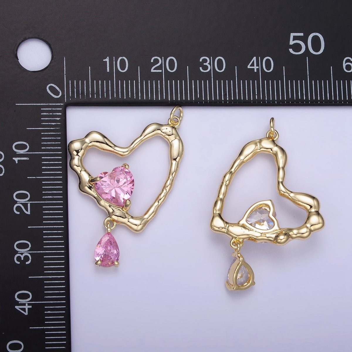 14K Gold Filled Clear, Pink CZ Open Heart Teardrop Drop Charm | AG712