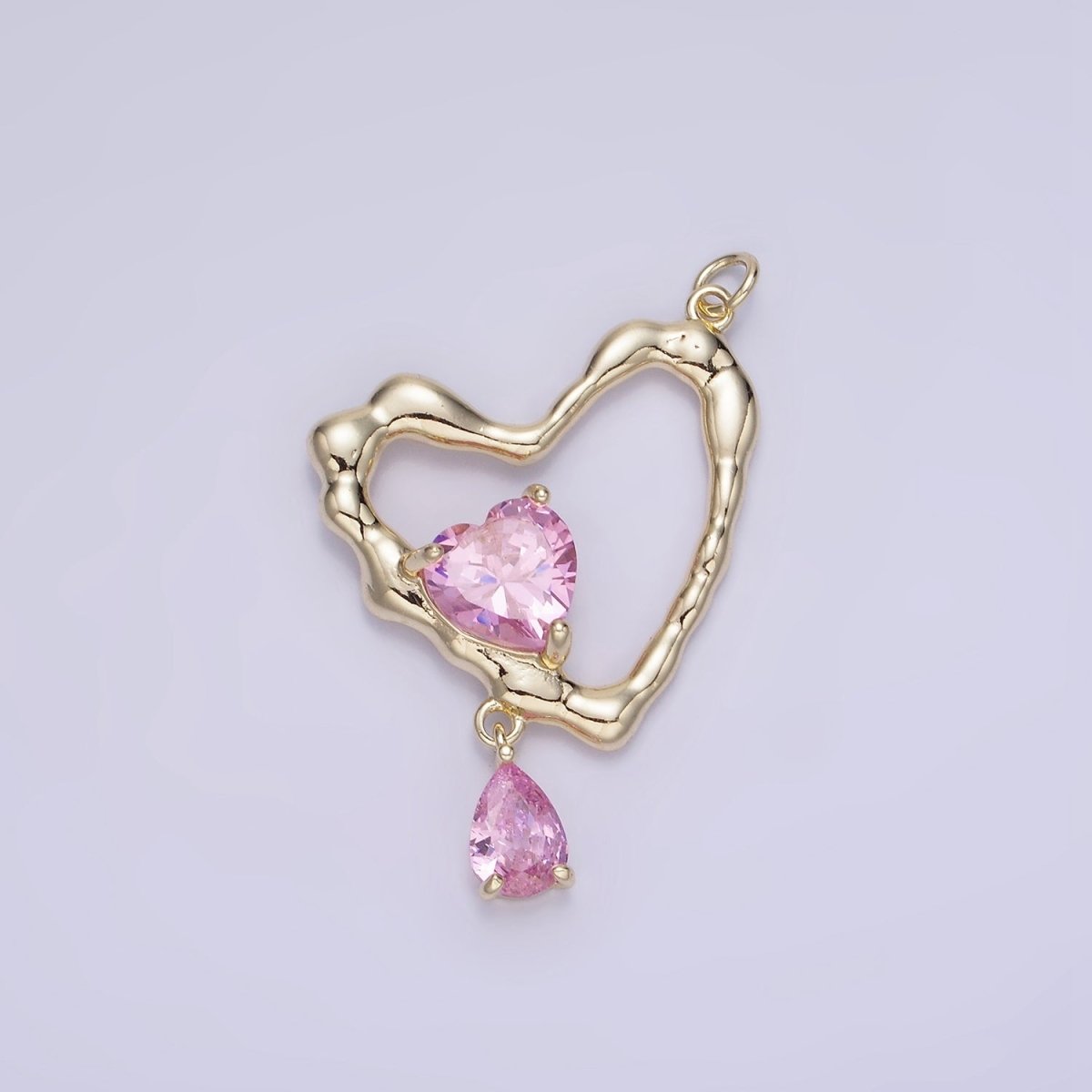 14K Gold Filled Clear, Pink CZ Open Heart Teardrop Drop Charm | AG712