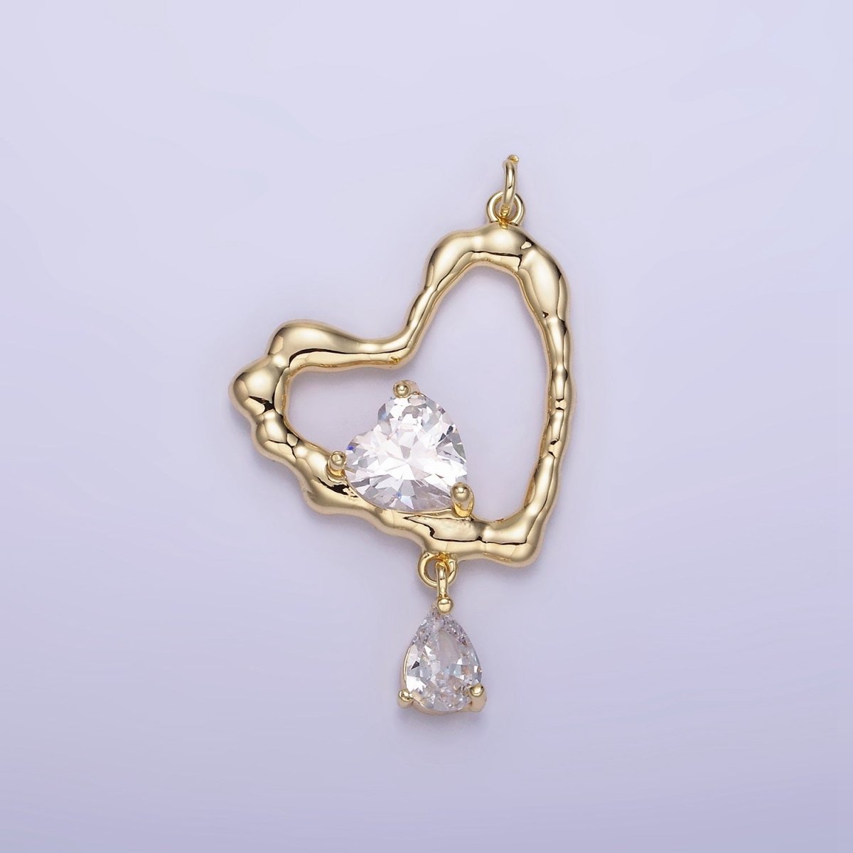 14K Gold Filled Clear, Pink CZ Open Heart Teardrop Drop Charm | AG712