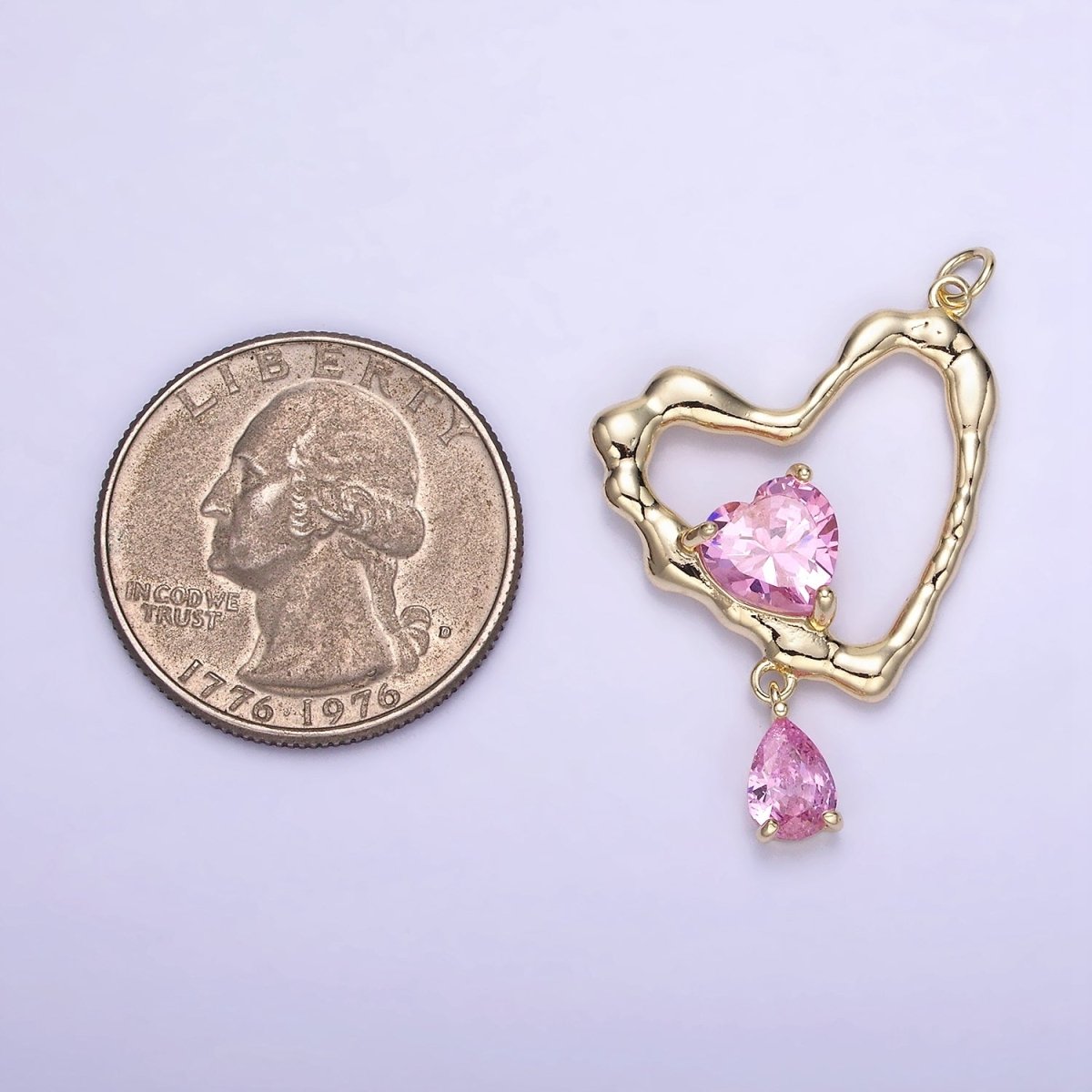 14K Gold Filled Clear, Pink CZ Open Heart Teardrop Drop Charm | AG712