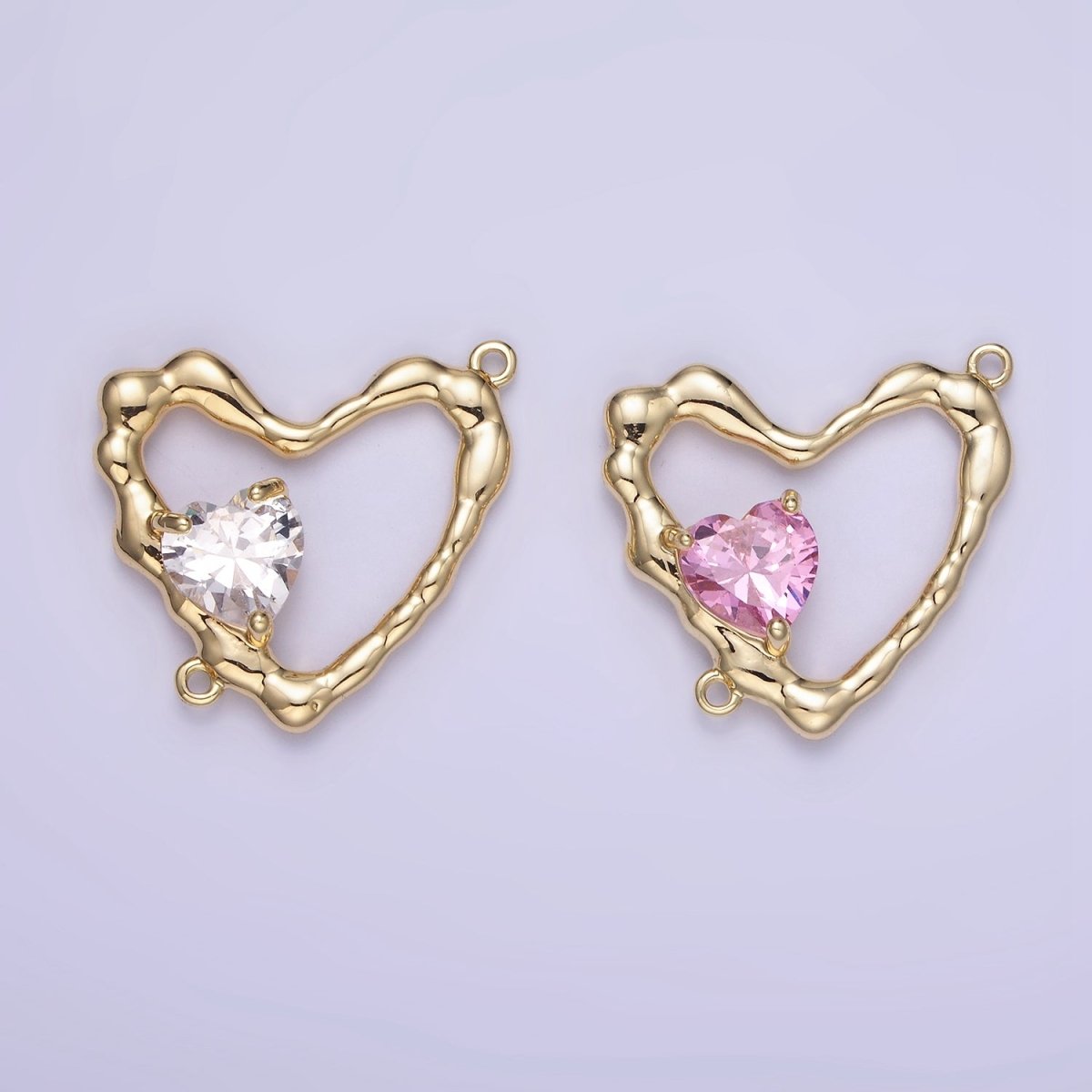 14K Gold Filled Clear, Pink CZ Open Molten Heart Connector | G288