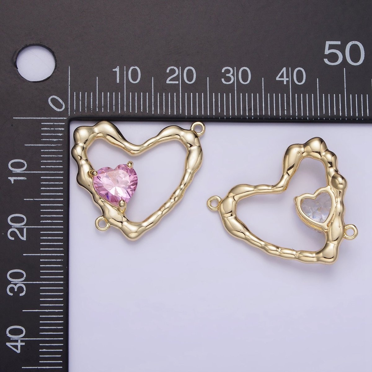 14K Gold Filled Clear, Pink CZ Open Molten Heart Connector | G288
