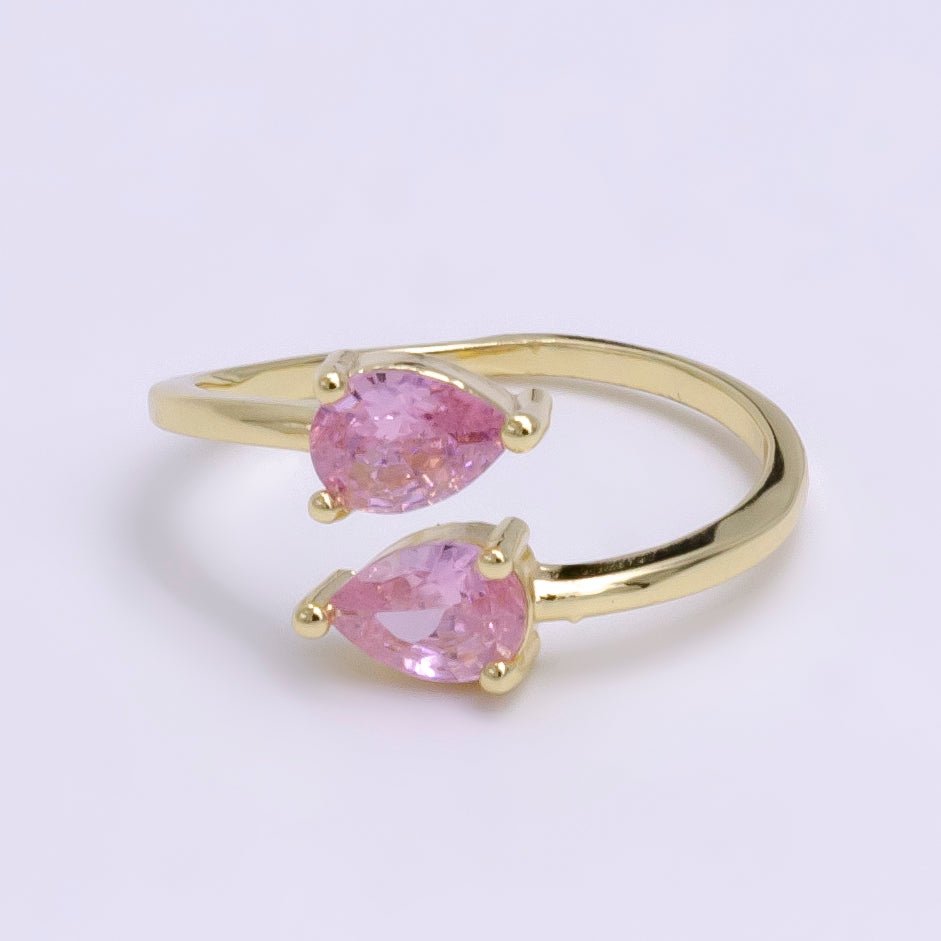 14K Gold Filled Clear, Pink Double Teardrop CZ Open Claw Ring | O1902 O1903