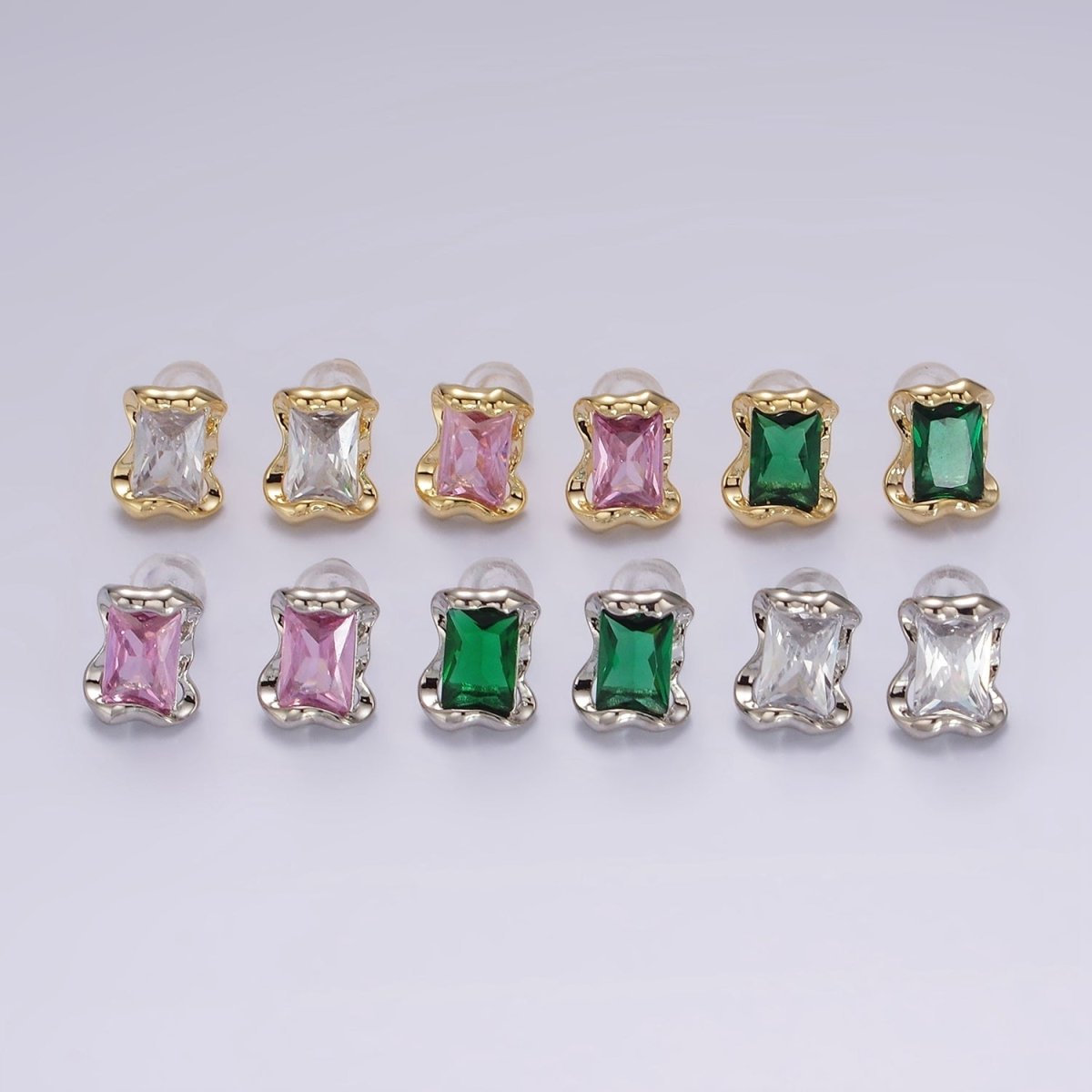 14K Gold Filled Clear, Pink, Green Baguette CZ Molten Stud Earrings in Gold & Silver | V354 - V359