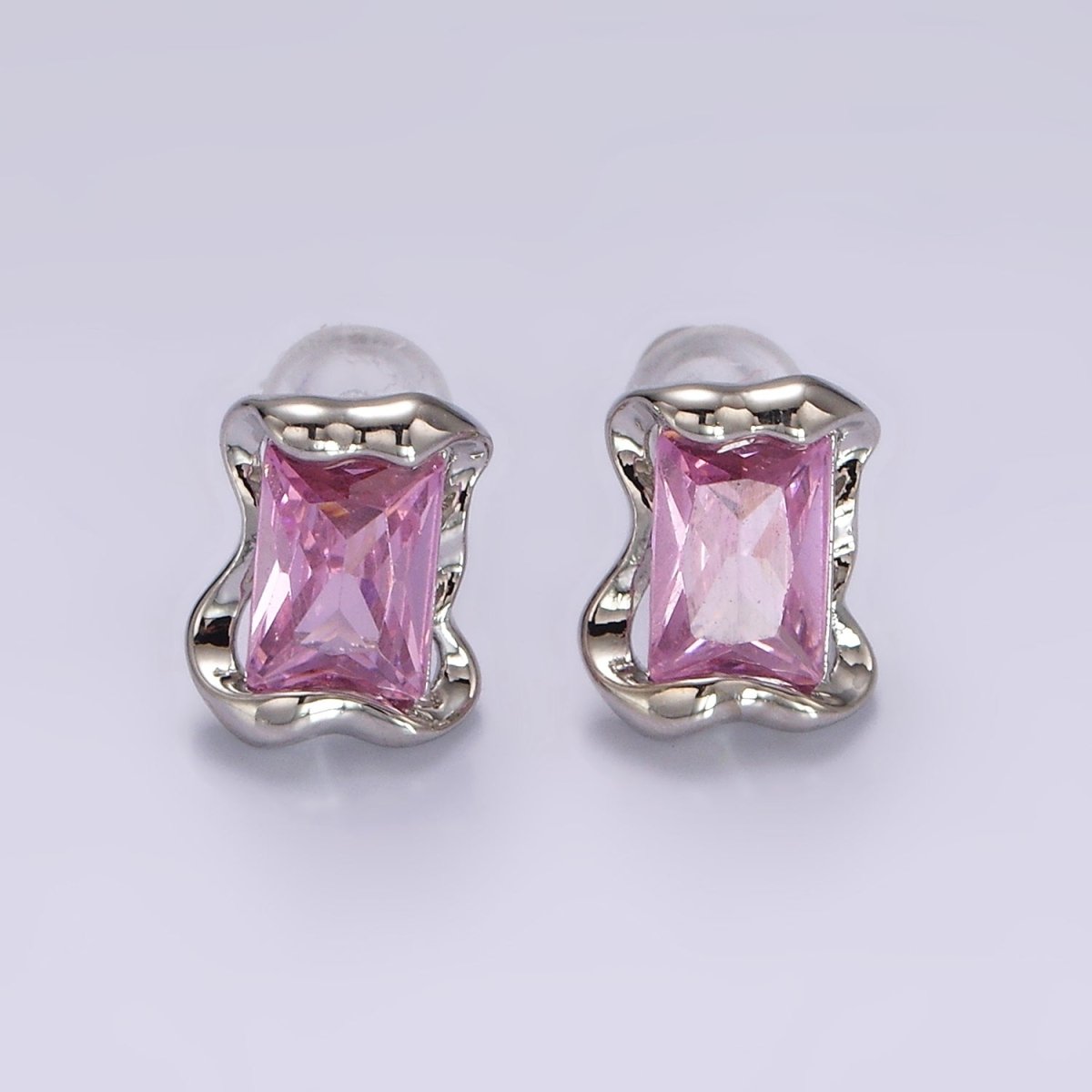 14K Gold Filled Clear, Pink, Green Baguette CZ Molten Stud Earrings in Gold & Silver | V354 - V359