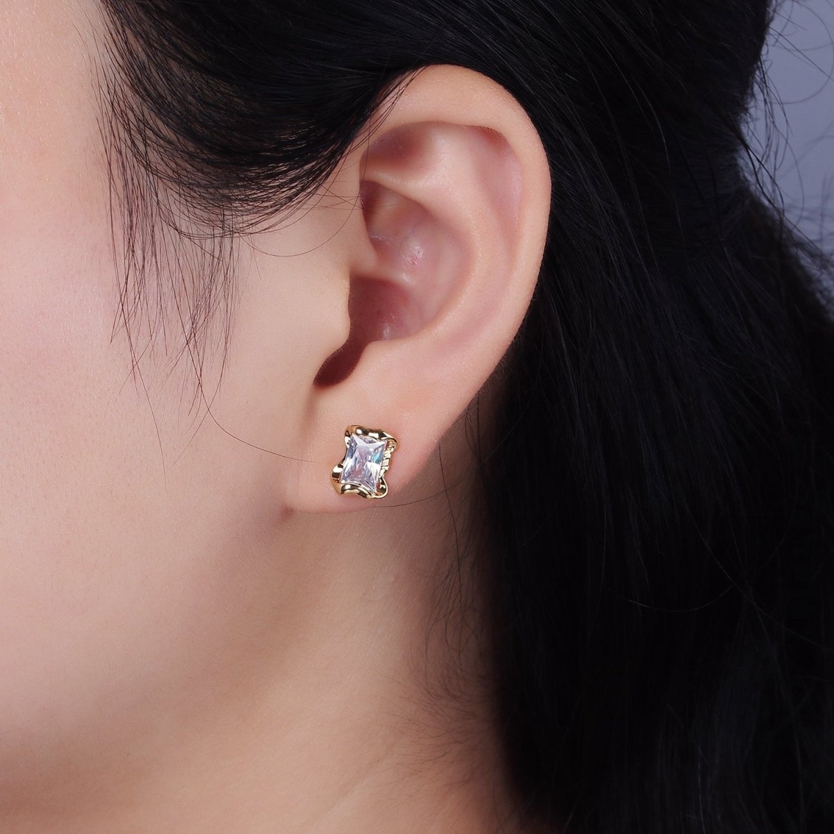 14K Gold Filled Clear, Pink, Green Baguette CZ Molten Stud Earrings in Gold & Silver | V354 - V359