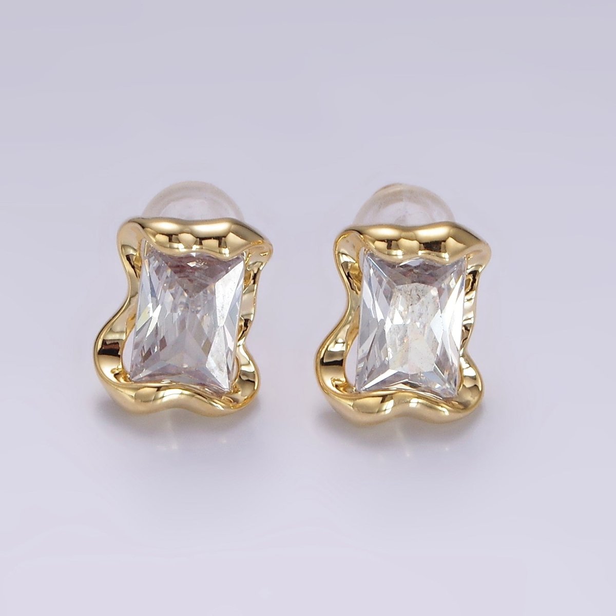 14K Gold Filled Clear, Pink, Green Baguette CZ Molten Stud Earrings in Gold & Silver | V354 - V359