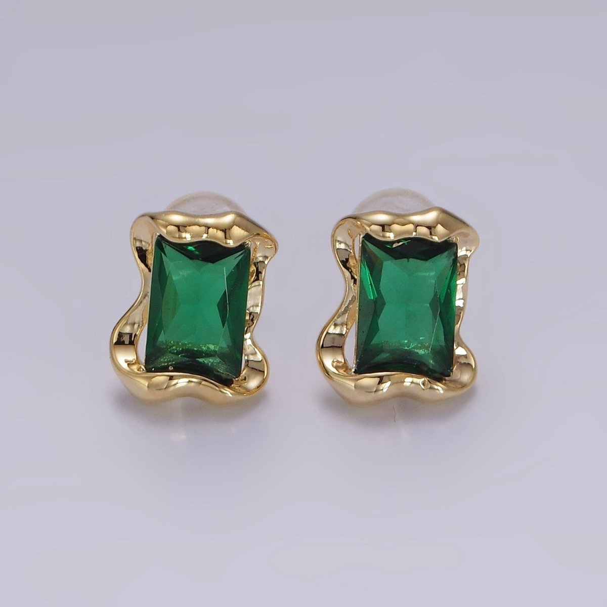 14K Gold Filled Clear, Pink, Green Baguette CZ Molten Stud Earrings in Gold & Silver | V354 - V359