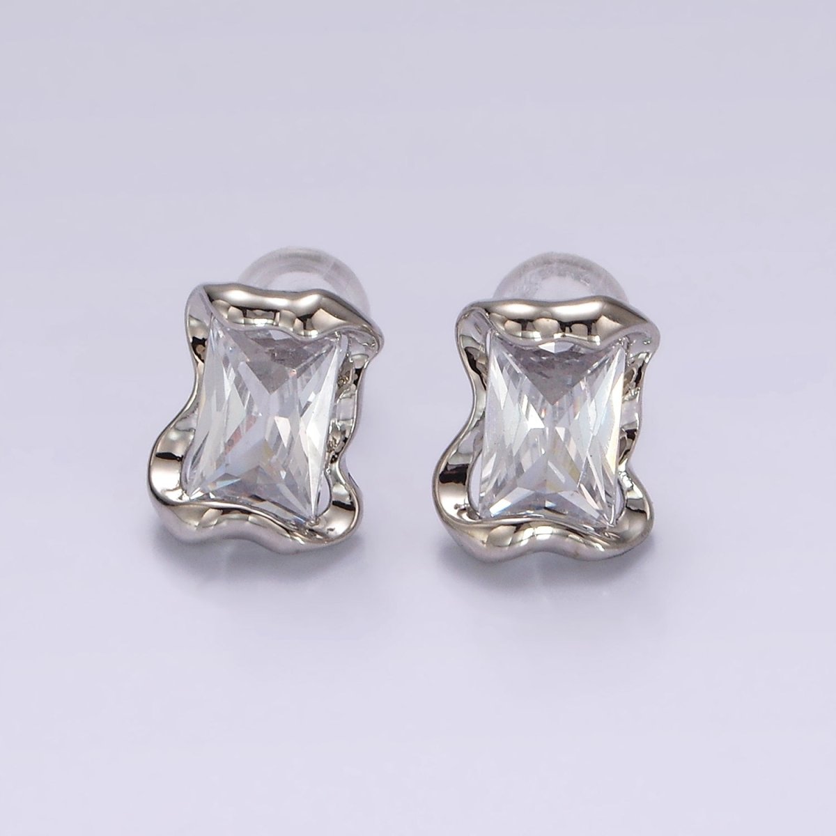 14K Gold Filled Clear, Pink, Green Baguette CZ Molten Stud Earrings in Gold & Silver | V354 - V359