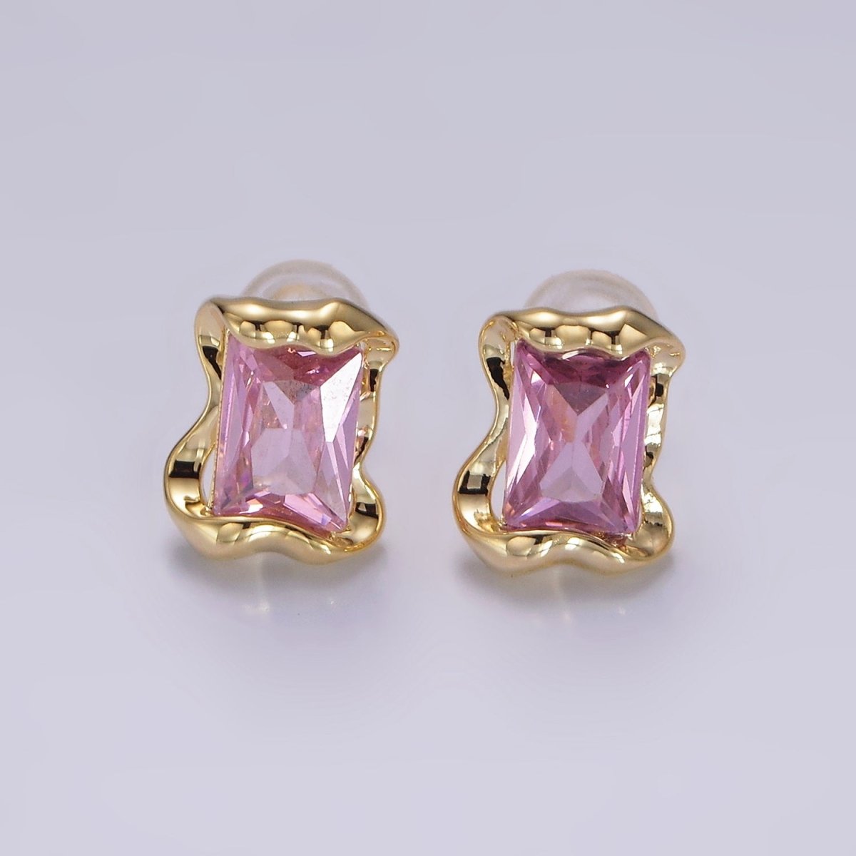 14K Gold Filled Clear, Pink, Green Baguette CZ Molten Stud Earrings in Gold & Silver | V354 - V359