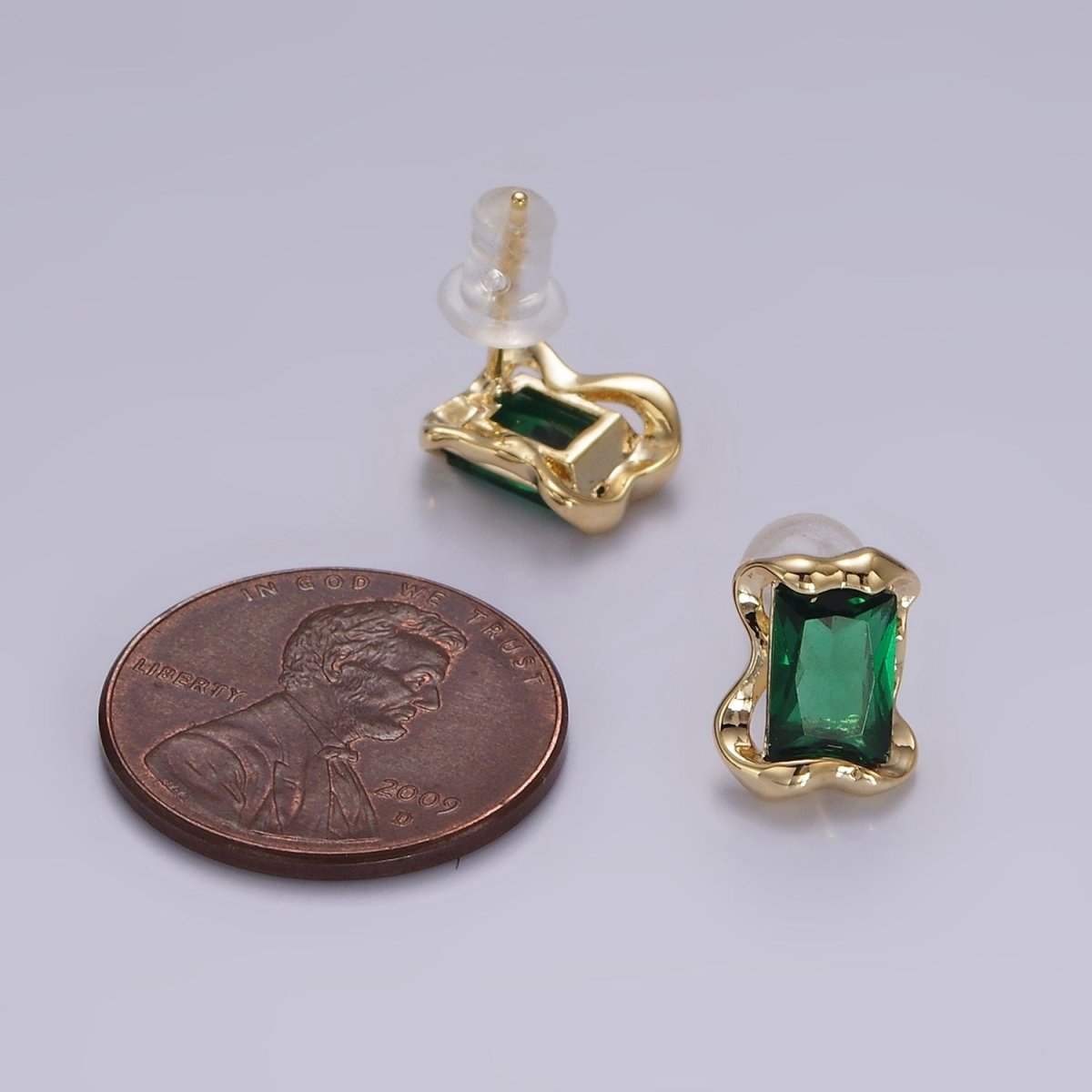 14K Gold Filled Clear, Pink, Green Baguette CZ Molten Stud Earrings in Gold & Silver | V354 - V359