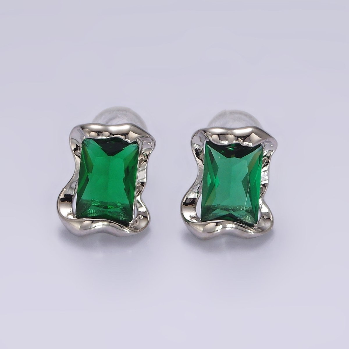 14K Gold Filled Clear, Pink, Green Baguette CZ Molten Stud Earrings in Gold & Silver | V354 - V359