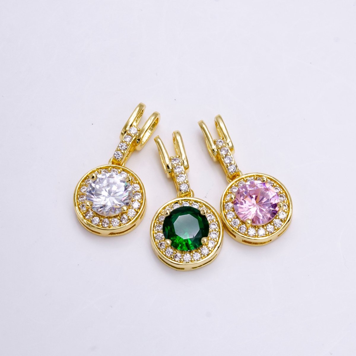 14K Gold Filled Clear, Pink, Green Round CZ Micro Paved Bail Pendant | N1465 - N1467