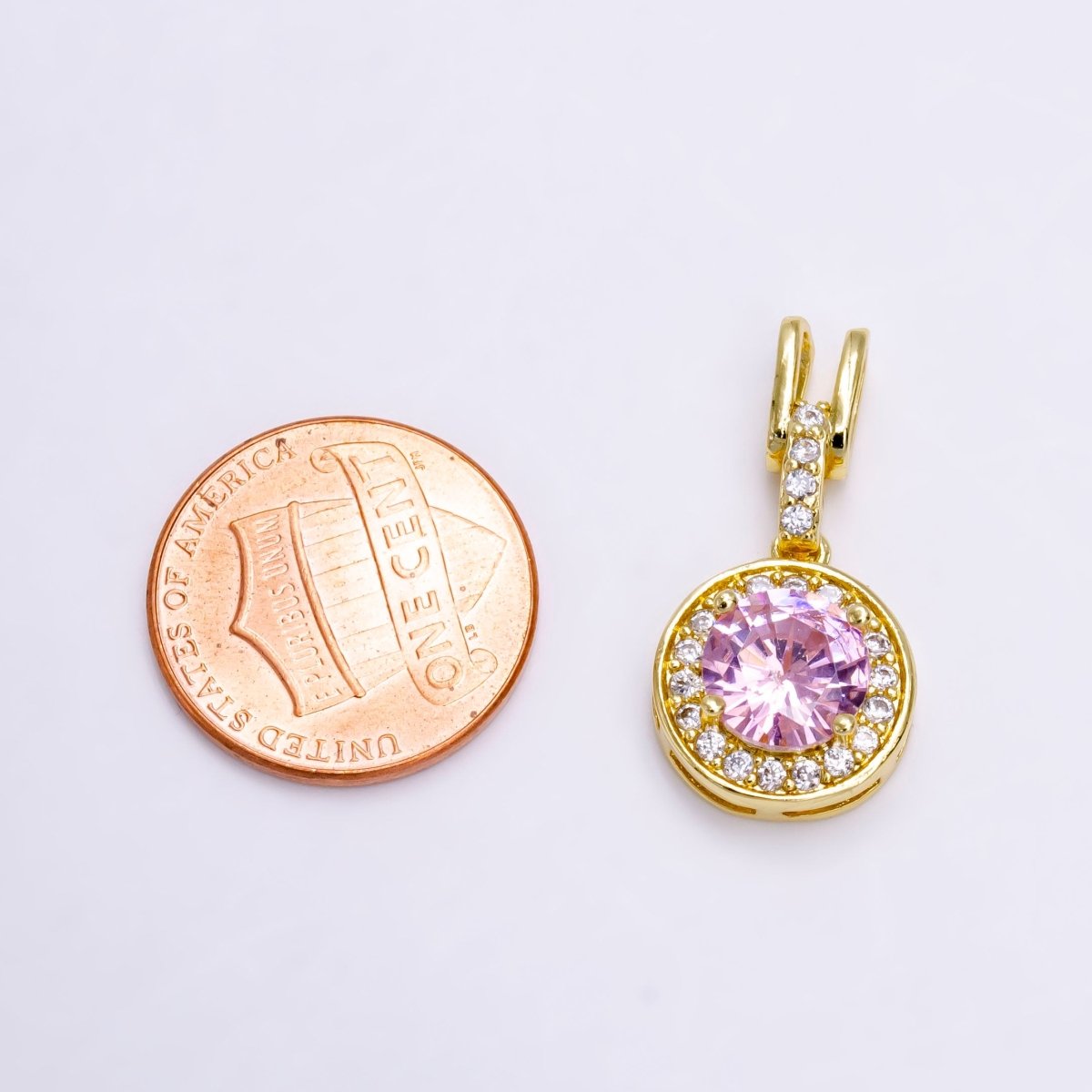 14K Gold Filled Clear, Pink, Green Round CZ Micro Paved Bail Pendant | N1465 - N1467