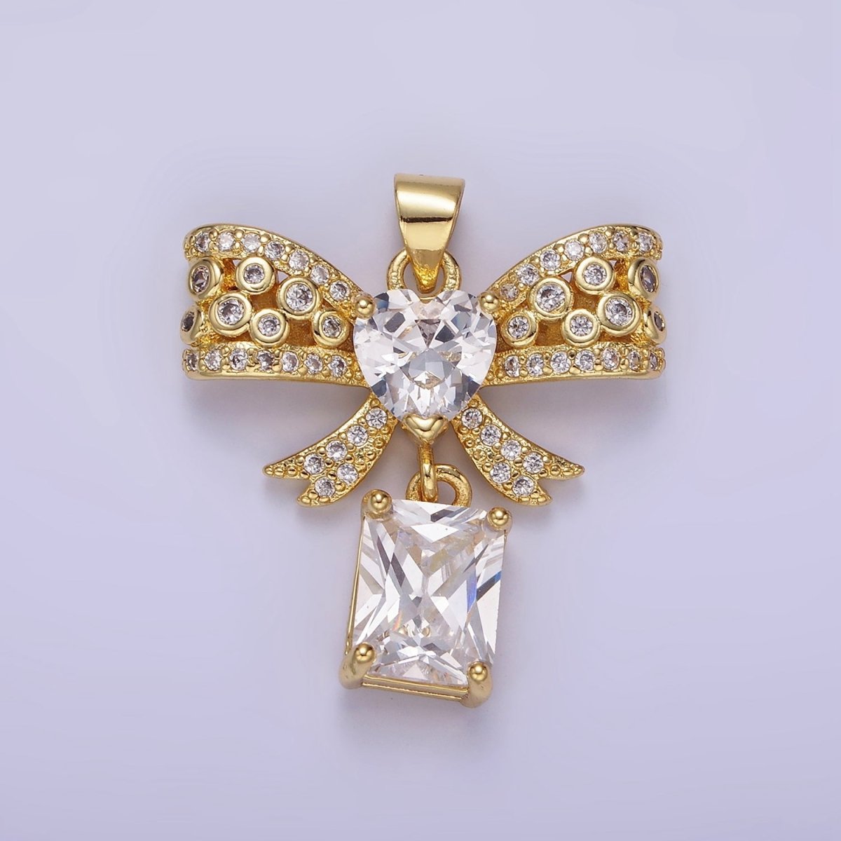 14K Gold Filled Clear, Pink, Purple Heart CZ Micro Paved Dotted Ribbon Bow Baguette Drop Pendant | AA1136 - AA1137