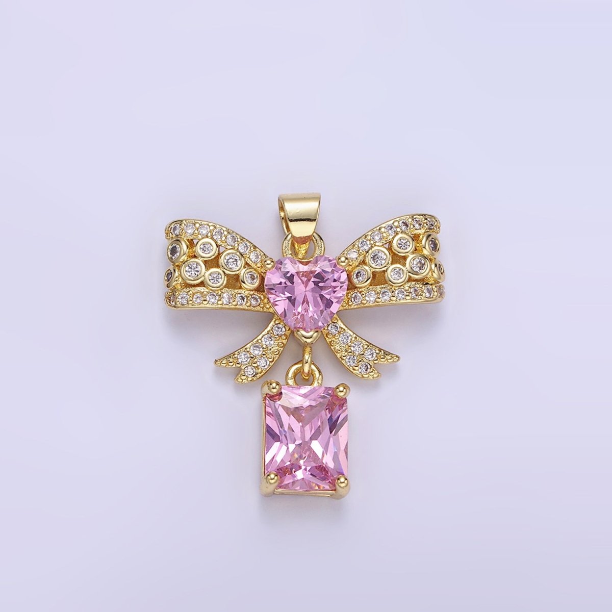 14K Gold Filled Clear, Pink, Purple Heart CZ Micro Paved Dotted Ribbon Bow Baguette Drop Pendant | AA1136 - AA1137