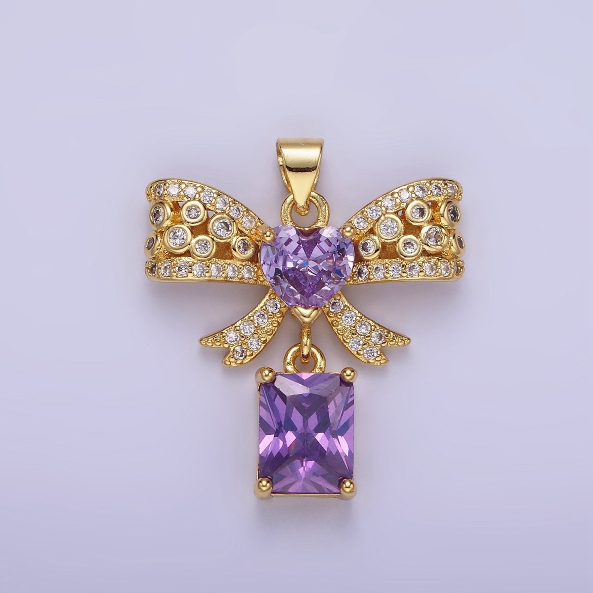 14K Gold Filled Clear, Pink, Purple Heart CZ Micro Paved Dotted Ribbon Bow Baguette Drop Pendant | AA1136 - AA1137