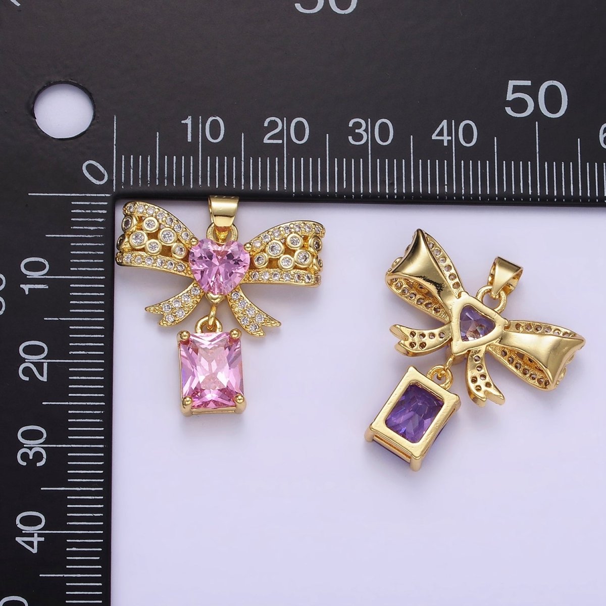14K Gold Filled Clear, Pink, Purple Heart CZ Micro Paved Dotted Ribbon Bow Baguette Drop Pendant | AA1136 - AA1137