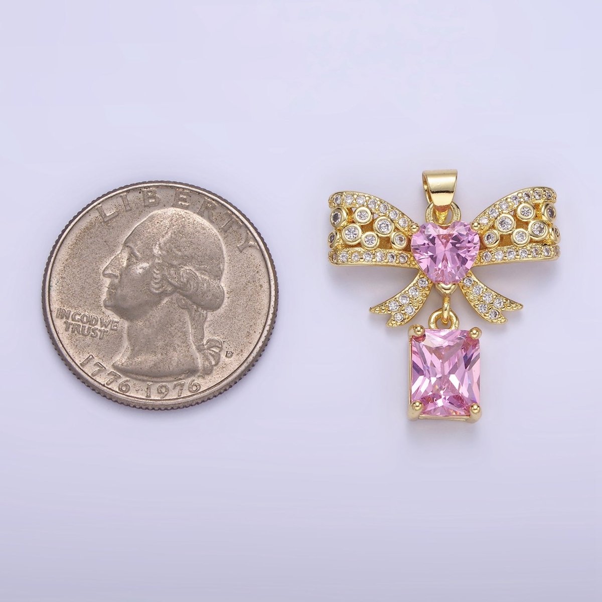 14K Gold Filled Clear, Pink, Purple Heart CZ Micro Paved Dotted Ribbon Bow Baguette Drop Pendant | AA1136 - AA1137