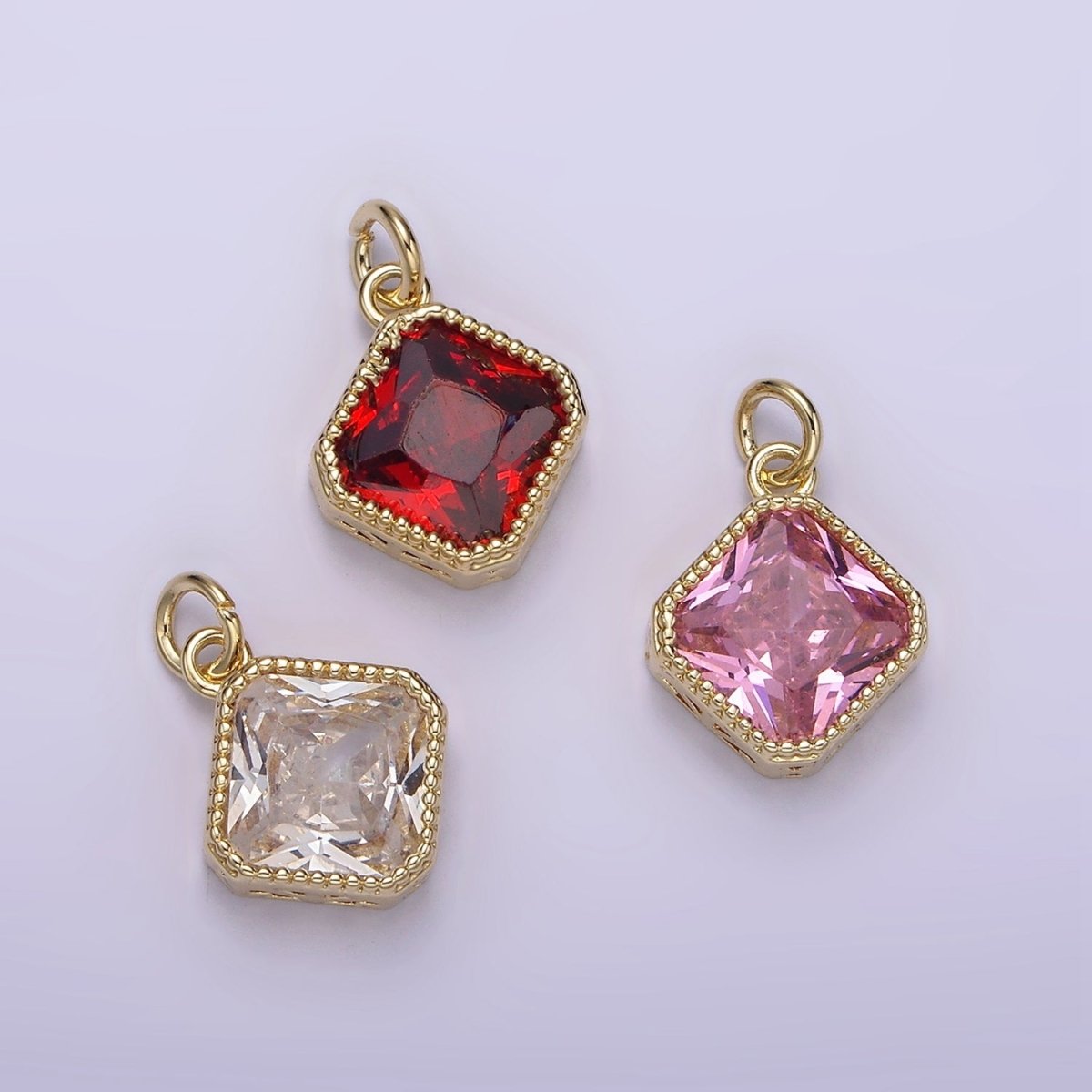 14K Gold Filled Clear, Pink, Red CZ Rhombus Filigree Charm | AG316 - AG318