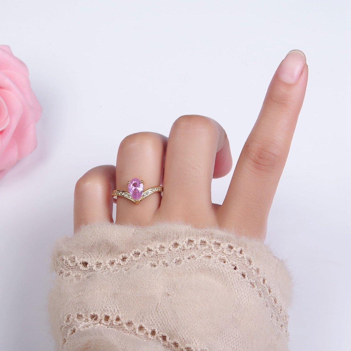 14K Gold Filled Clear, Pink Teardrop CZ Micro Paved Chevron Ring | O1079 O1080
