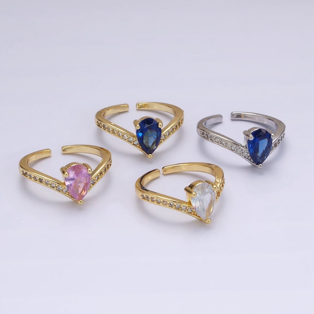 14K Gold Filled Clear, Pink Teardrop CZ Micro Paved Chevron Ring | O1079 O1080