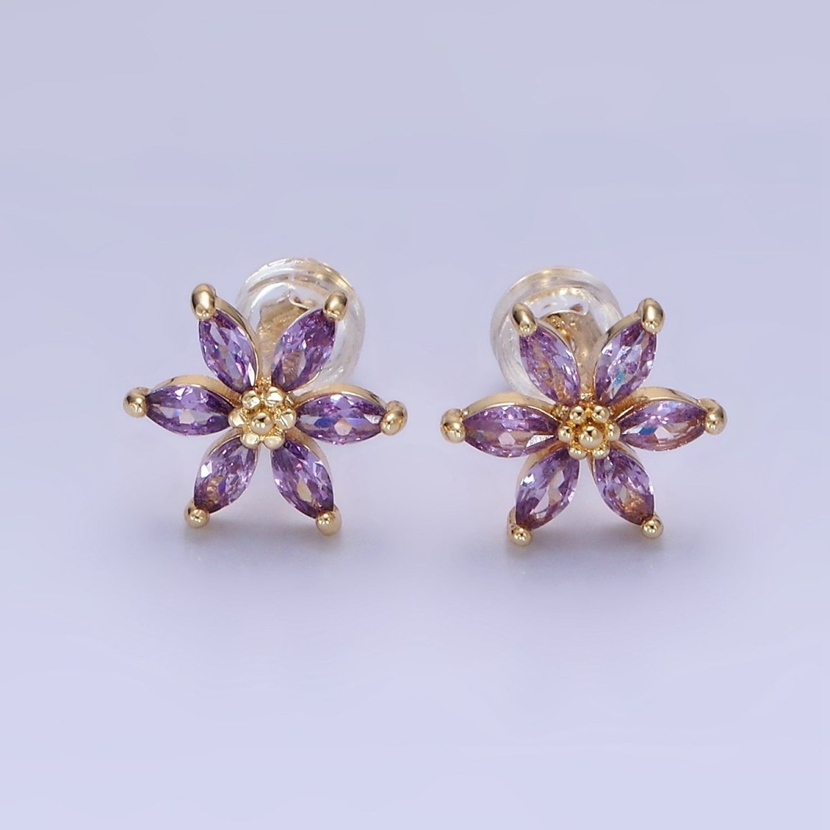 14K Gold Filled Clear, Purple, Blue CZ Marquise Petal Flower Stud Earrings | AE524 - AE526